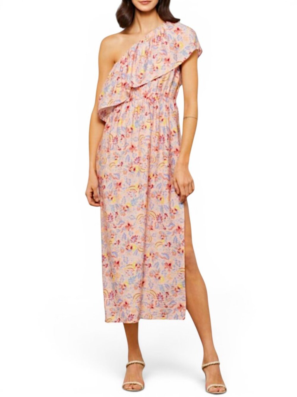 Bcbgmaxazria Millie One Shoulder Ruffle Floral Boho Midi Summer Dress New L